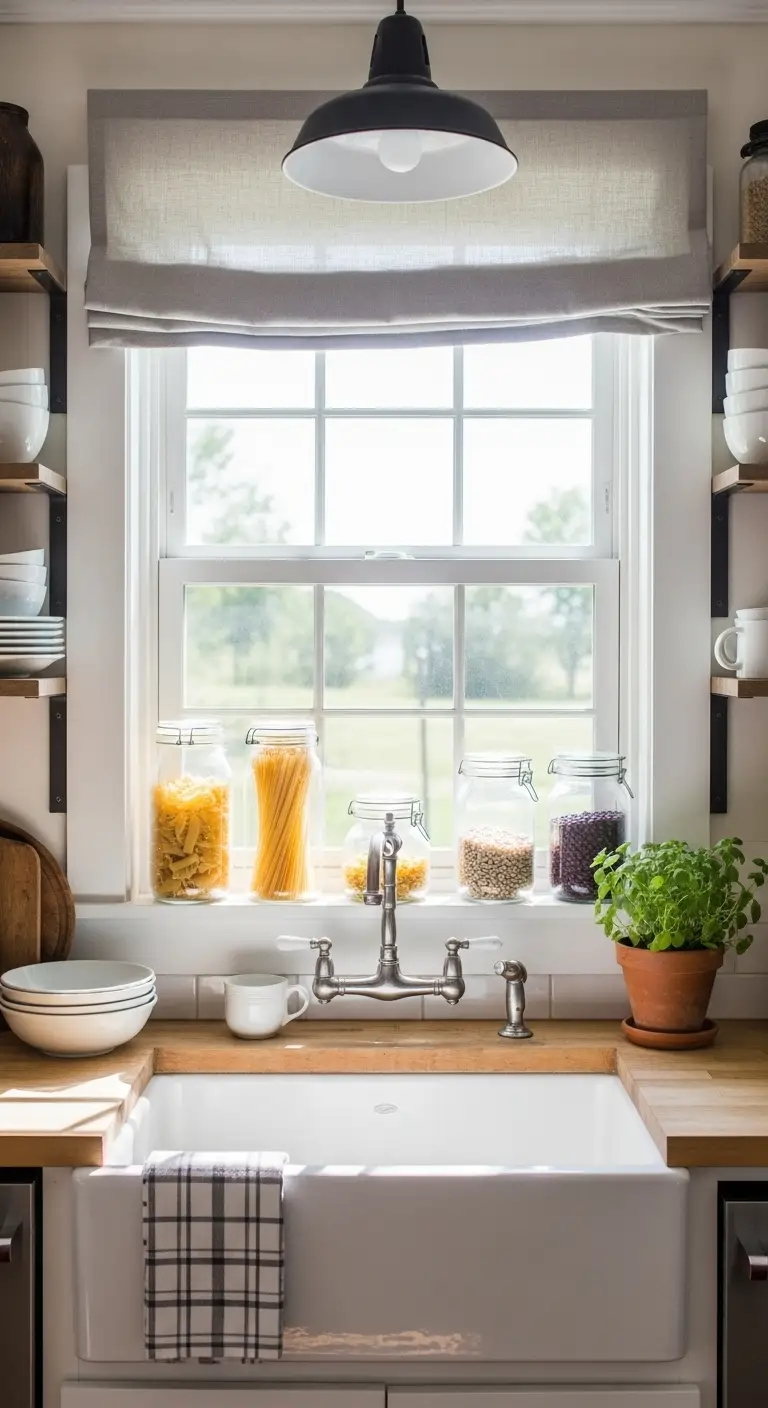 1. Bright Farmhouse Charm with Open Shelves