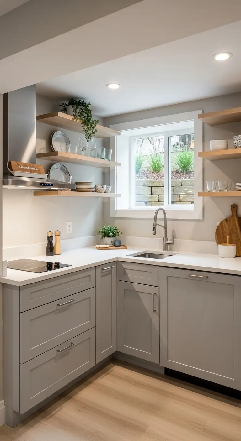 Compact L-Shaped Basement Kitchenette