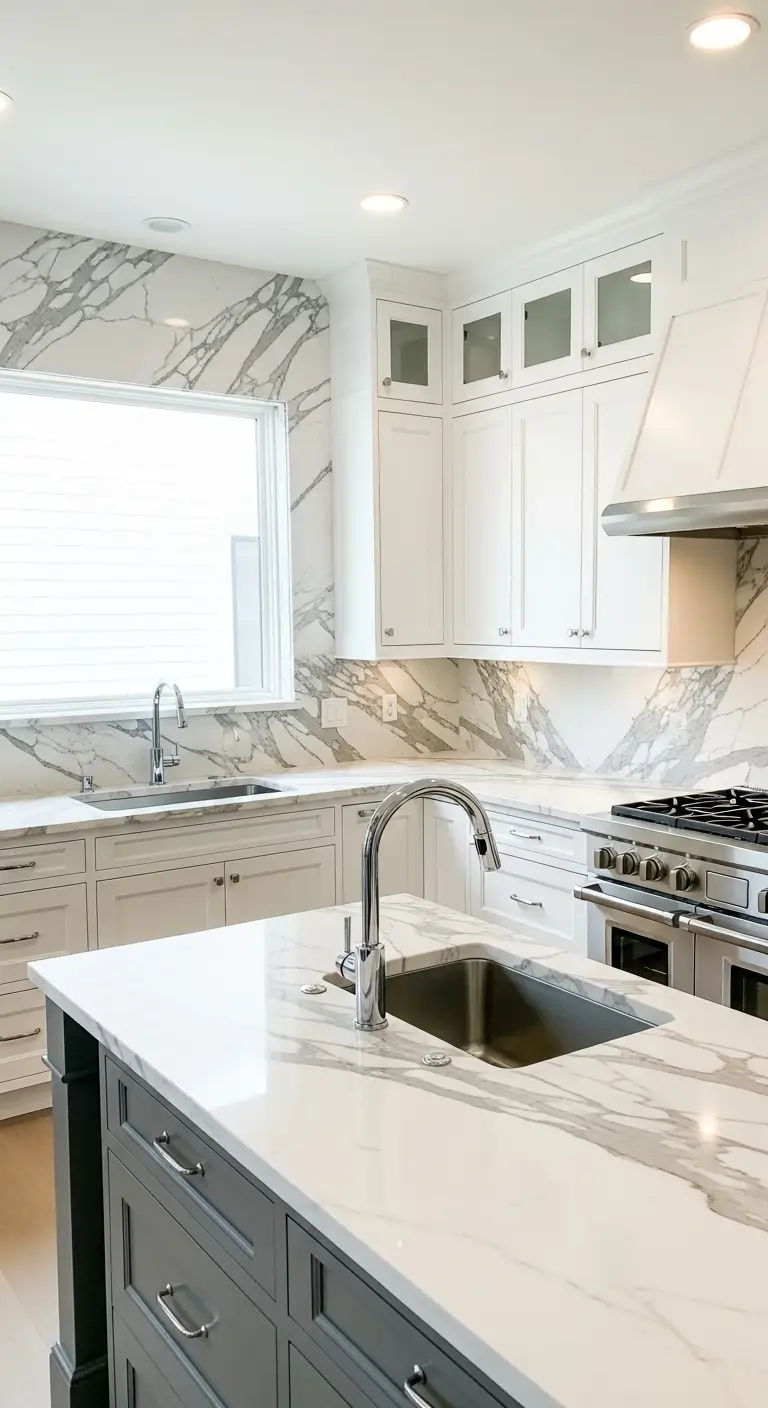 Crisp White Cabinets with Calacatta Marble Countertops