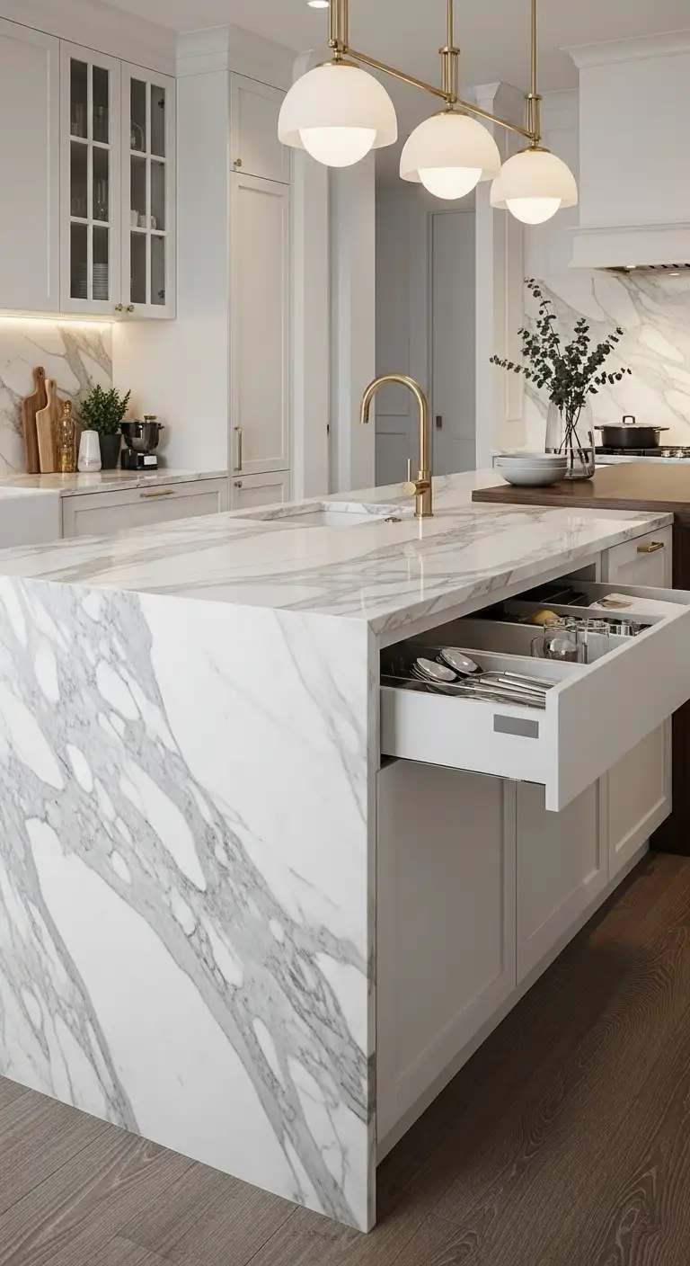 Marble Waterfall Island with Hidden Storage