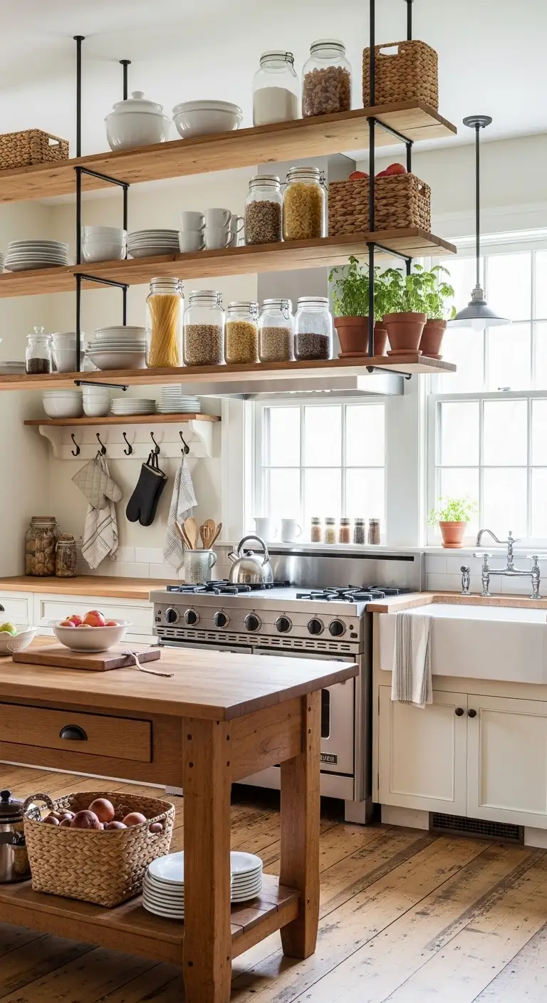 1. Open Wooden Shelves for Everyday Essentials