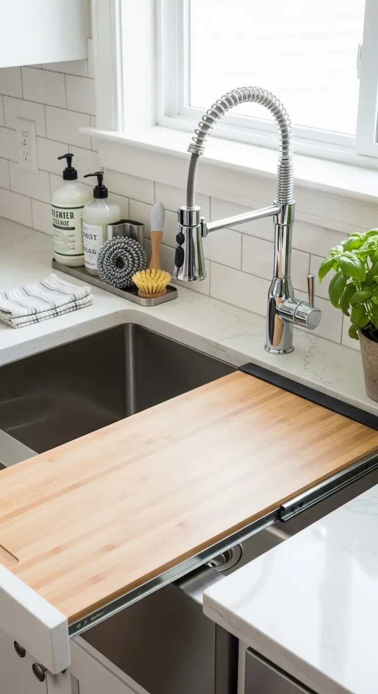 10. Add a Pull-Out Cutting Board Above the Sink