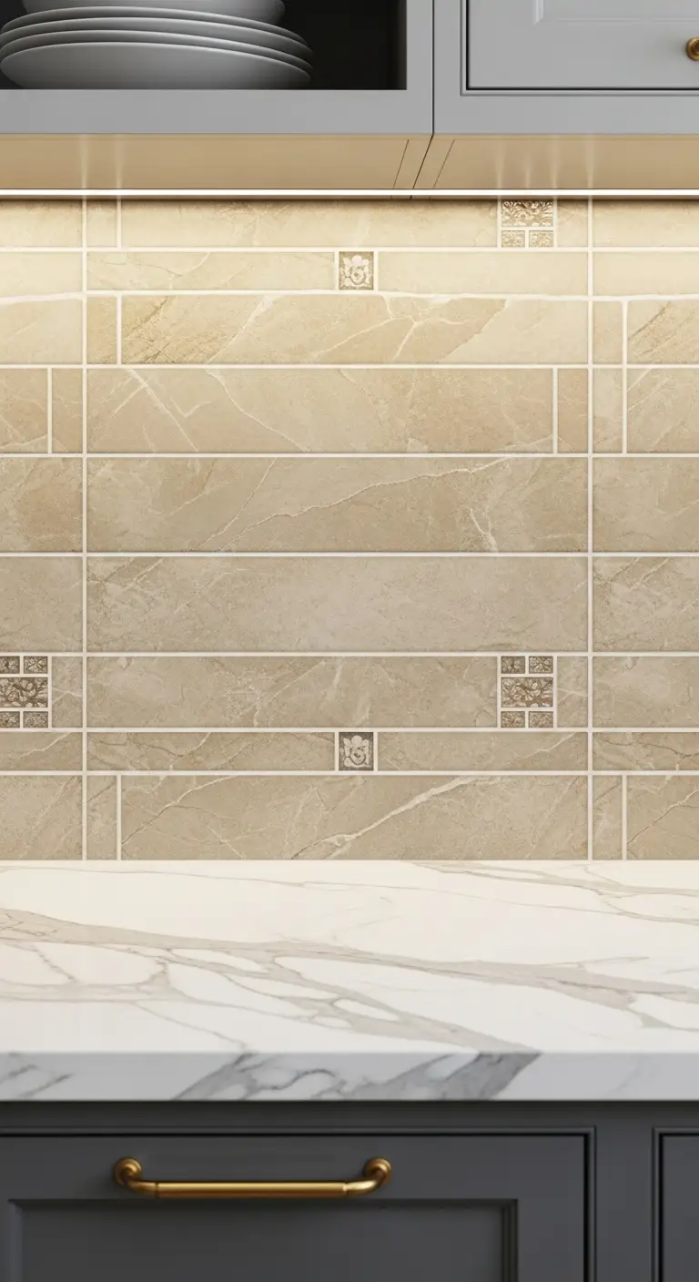 10. Beige Ceramic Tiles with Marble-Look Quartz