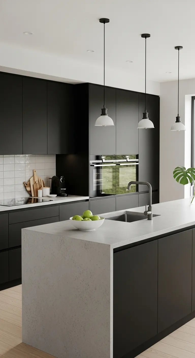 Matte Black Cabinets with Concrete Countertops