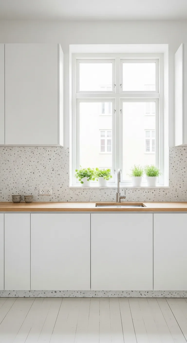 10. White Terrazzo Backsplash with Light Speckles