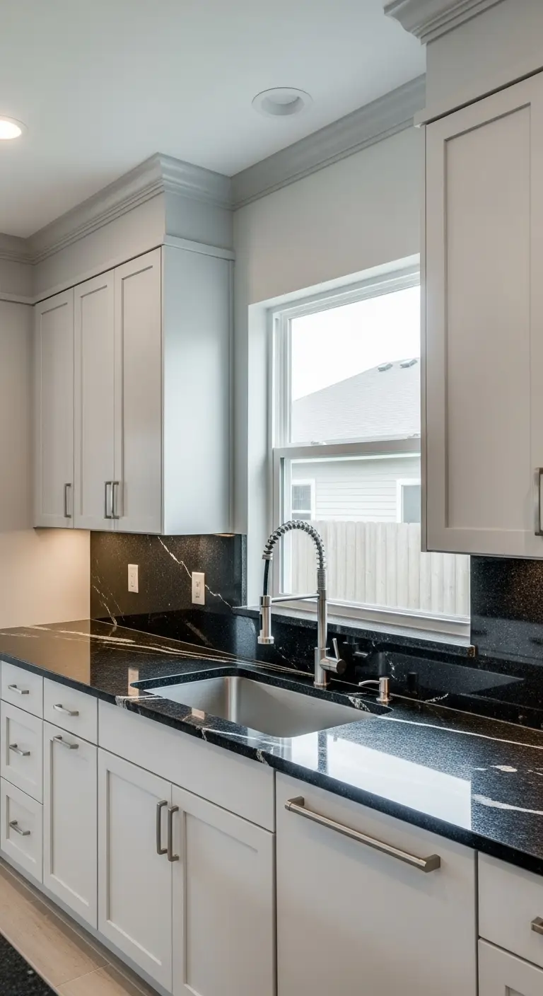 Light Gray Cabinets with Black Granite Countertops