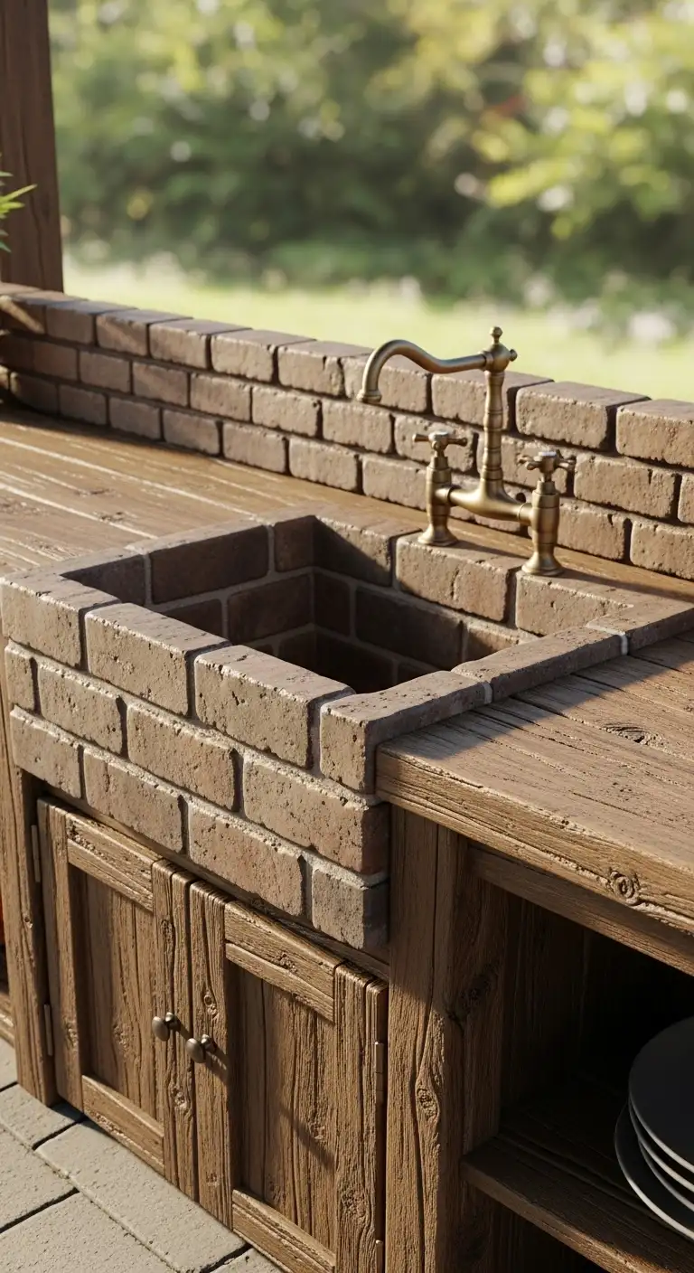 11. Rustic Brick Sink with Wooden Counter
