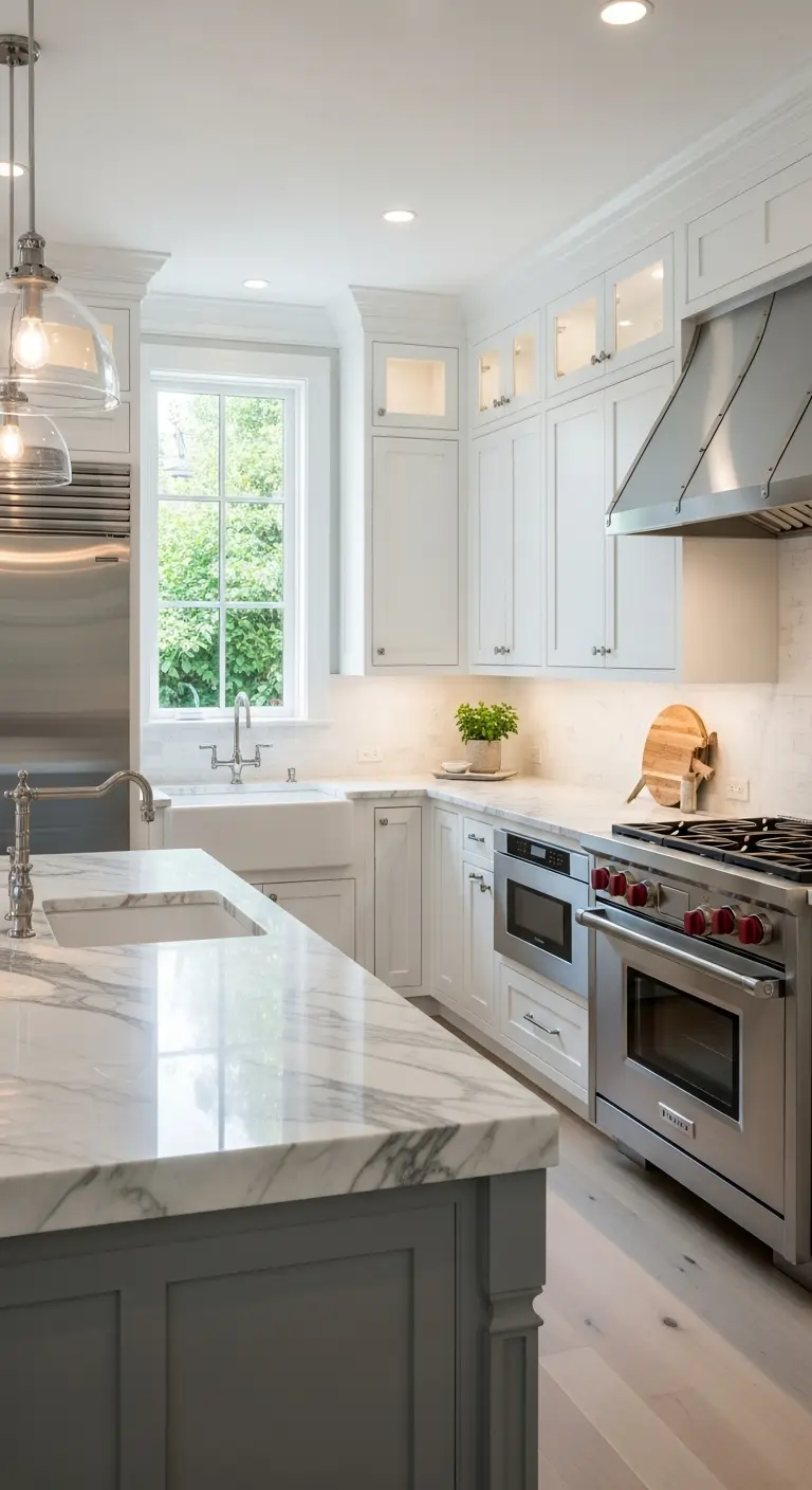 White Shaker Cabinets with Marble Countertops