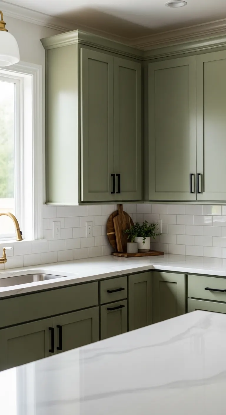 Olive Green Cabinets with White Countertops