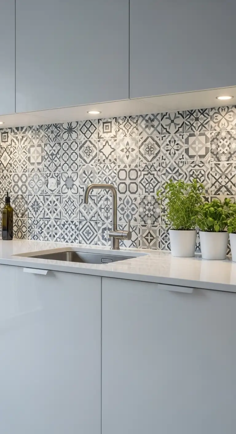 12. Patterned Tiles with Solid White Quartz Countertop