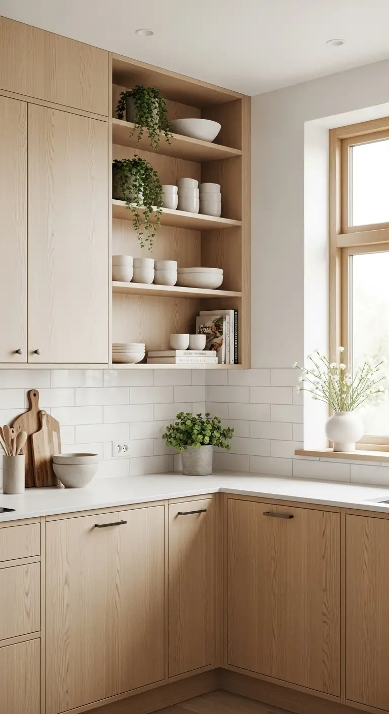 Scandinavian Cabinets Paired with Open Shelving