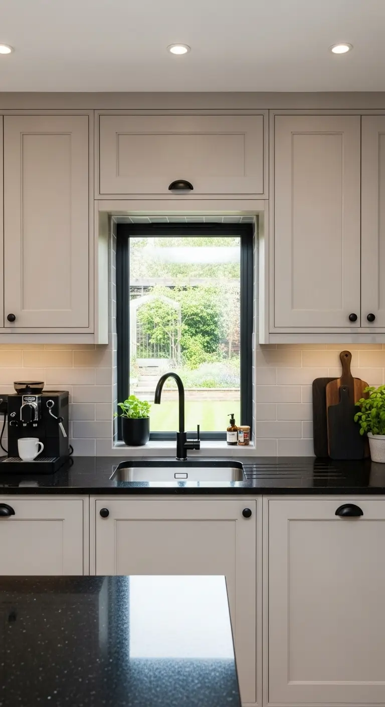 Soft Beige Cabinets with Black Countertops