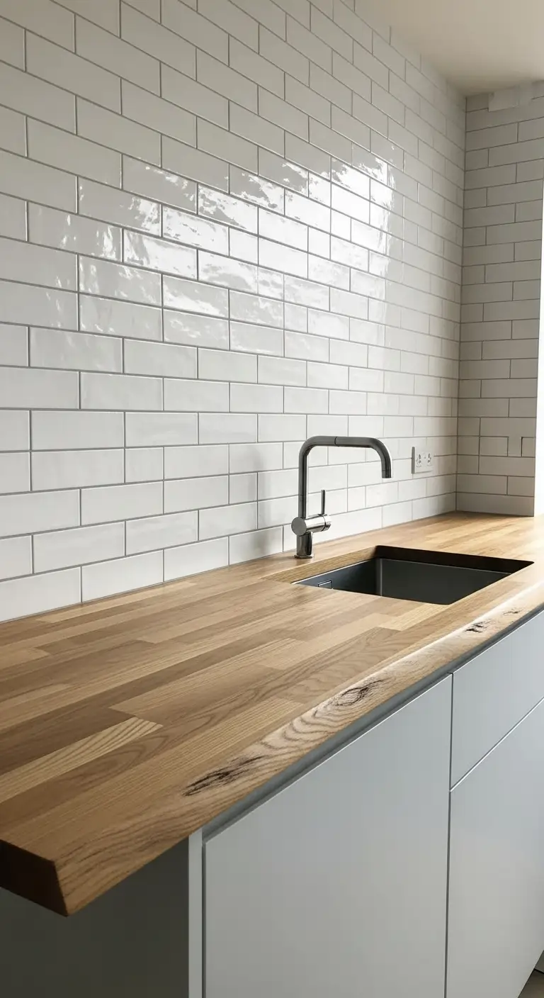 13. White Brick Tiles with Wooden Slab Countertop