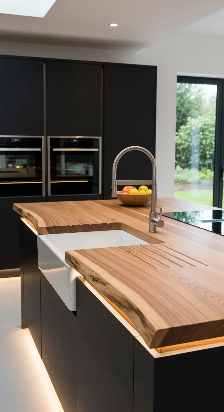 Ash Wood Slab with Under-Cabinet Lighting