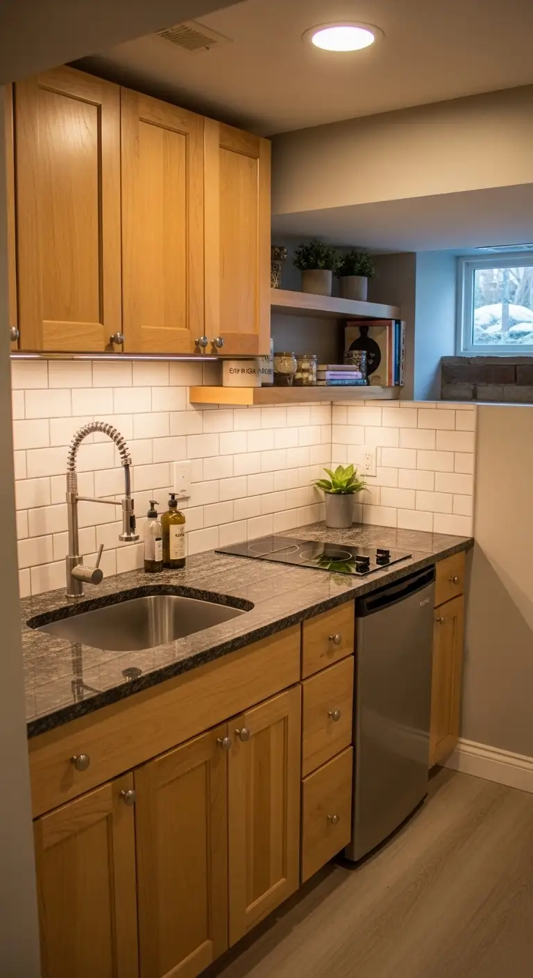 Basement Kitchenette with Under-Cabinet Lighting