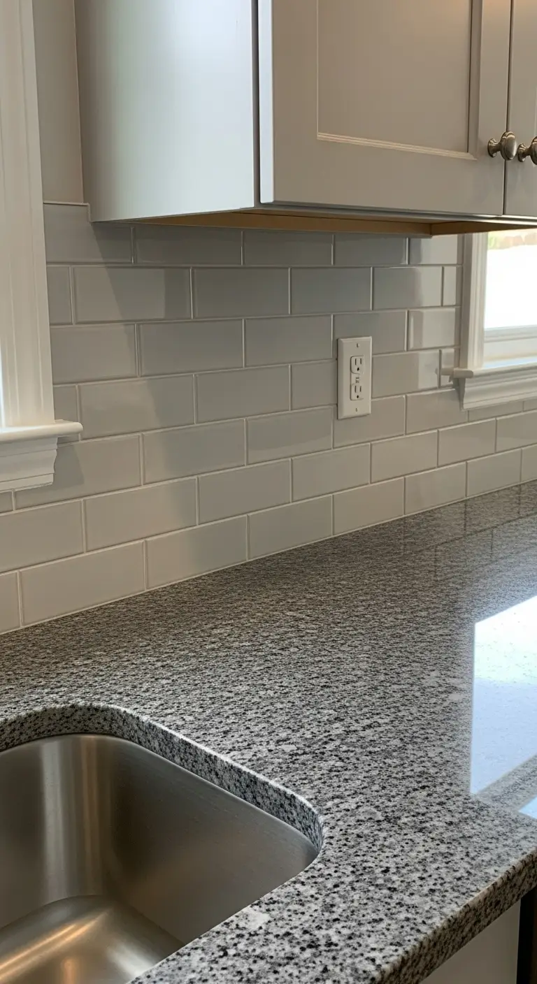 14. Light Gray Tiles with Polished Granite Counters