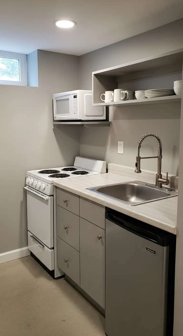 Basement Kitchenette with Stove and Compact Appliances