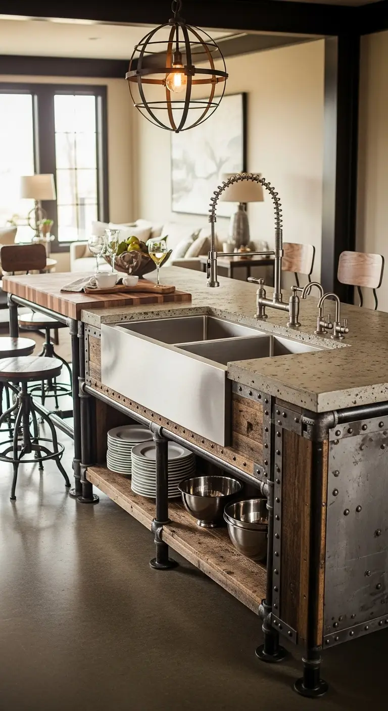 15. Industrial-Style Island with Stainless Steel Sink