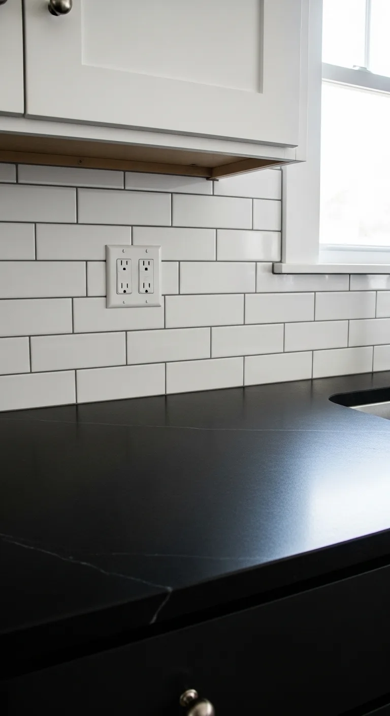 15. Matte White Tiles with Black Soapstone Countertop