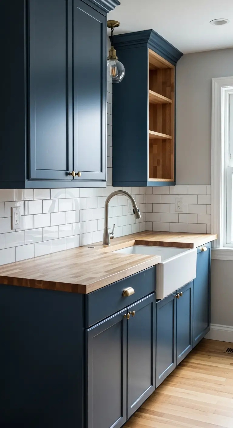 Navy Blue Cabinets with Butcher Block Countertops