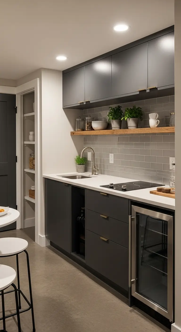 Basement Kitchenette with Sliding Cabinets