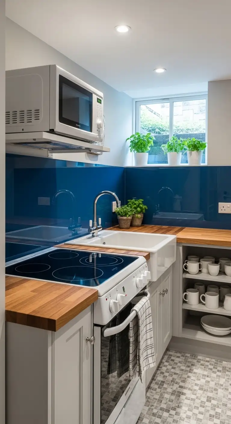 Basement Kitchenette with Stove and Glass Backsplash
