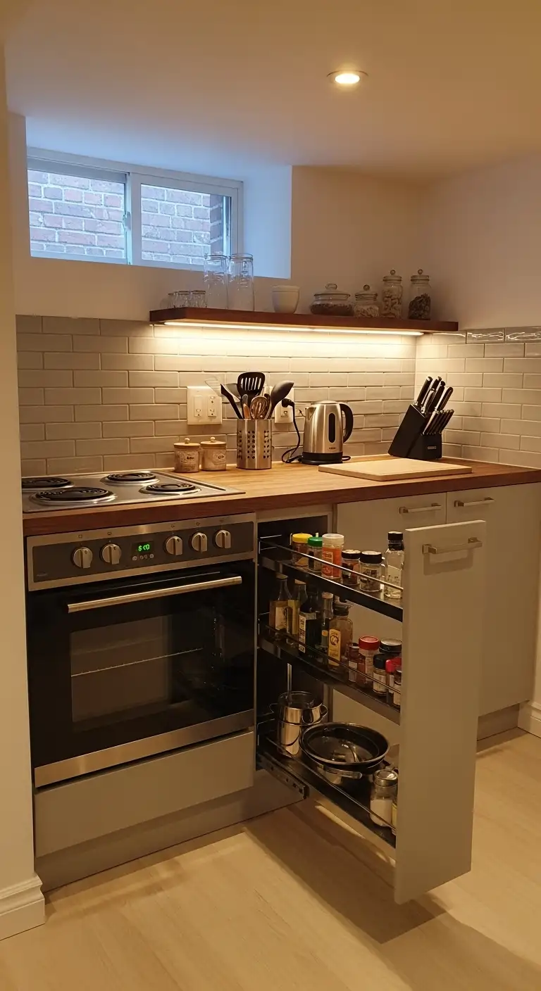 Basement Kitchenette with Stove and Pull-Out Storage