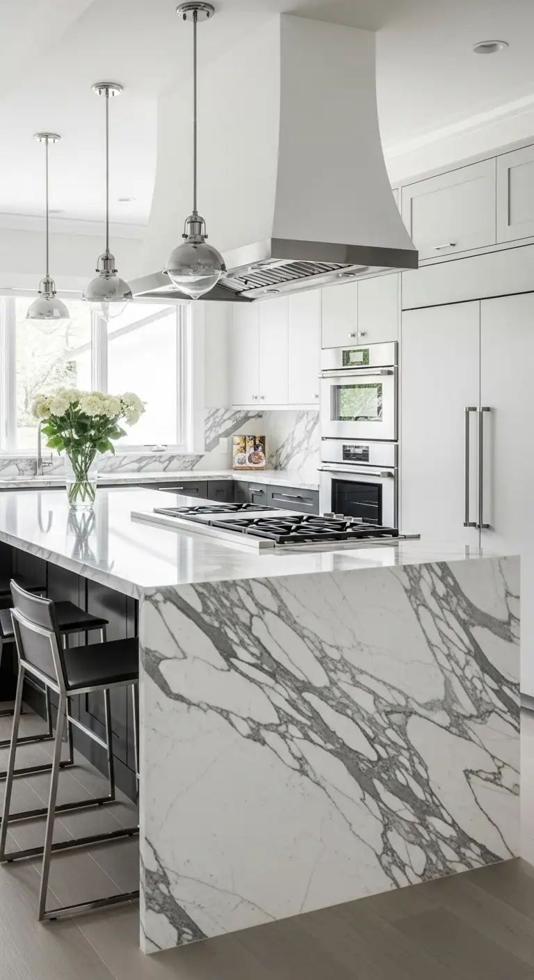 Marble Island with Built-In Cooktop