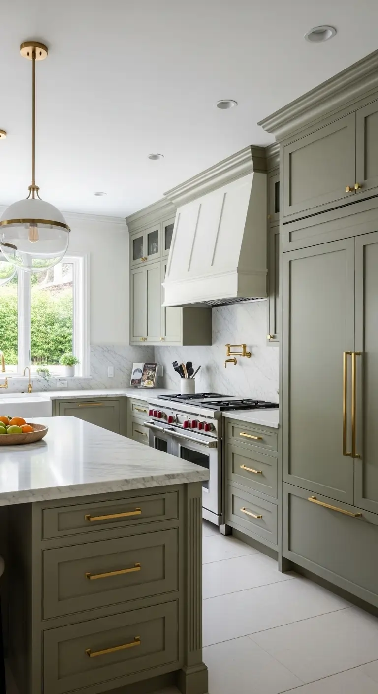 Olive Green Cabinets with Gold Hardware