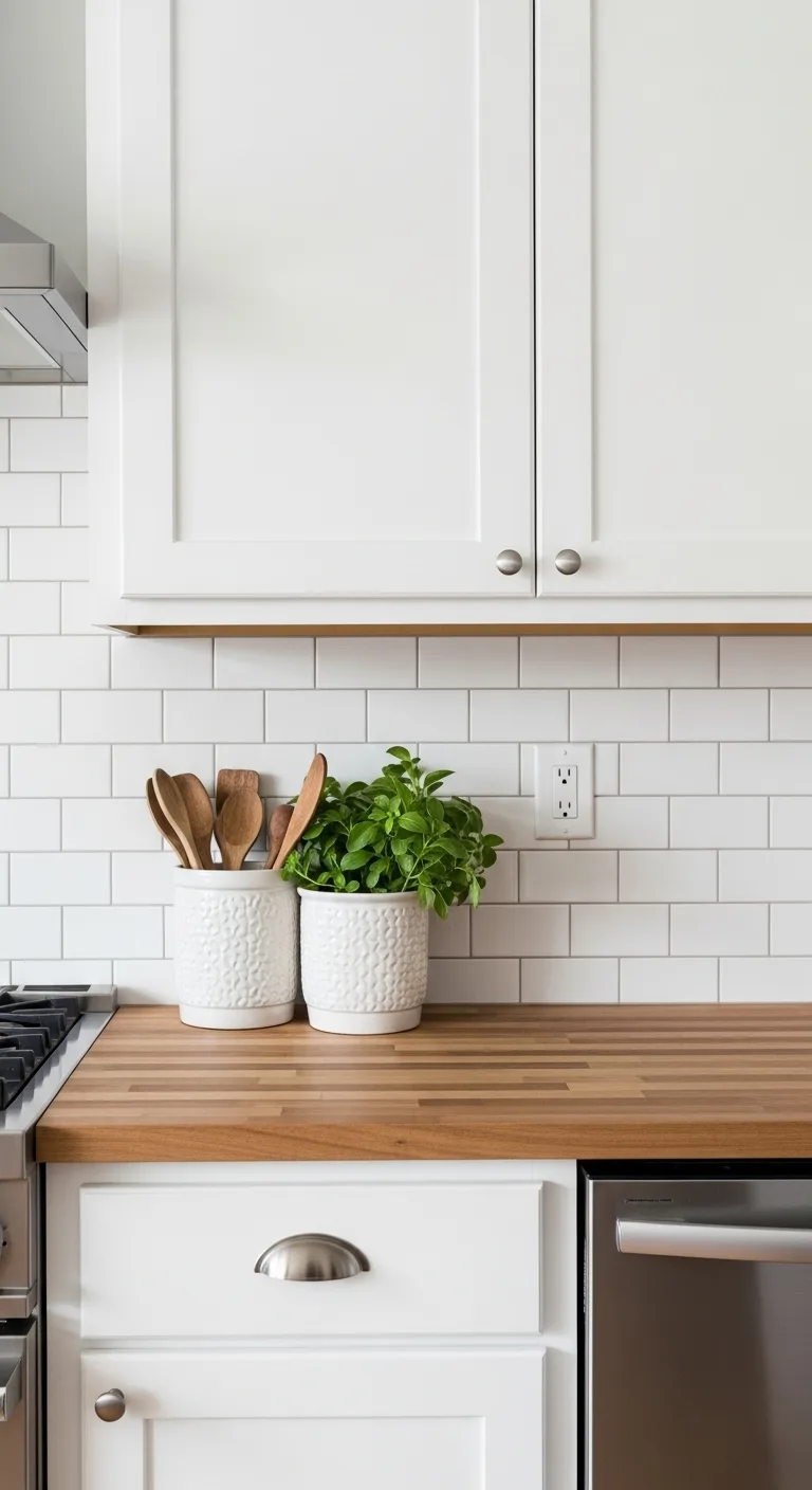 17. White Tiles with Butcher Block Peninsula