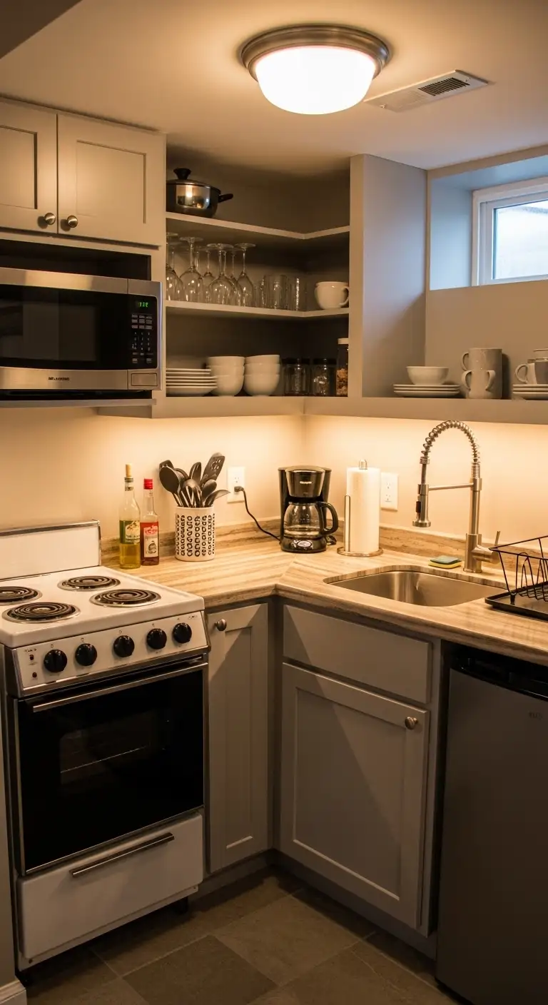 Basement Kitchenette with Stove and Corner Storage