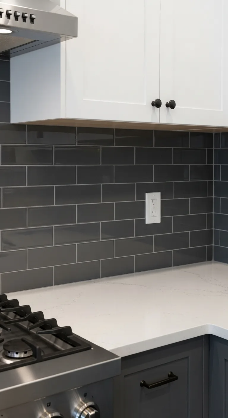 18. Dark Gray Tiles with White Quartz Countertop