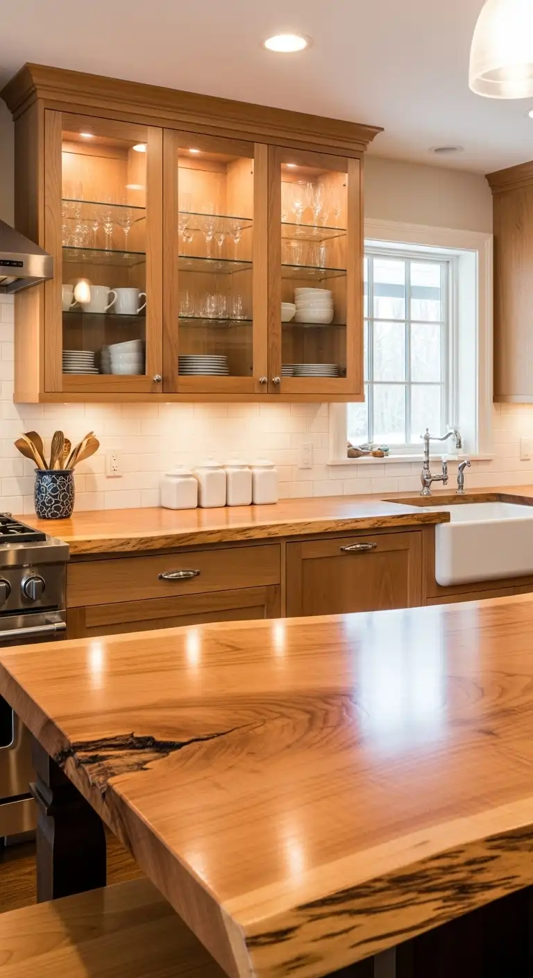 Maple Slab with Glass Cabinet Doors