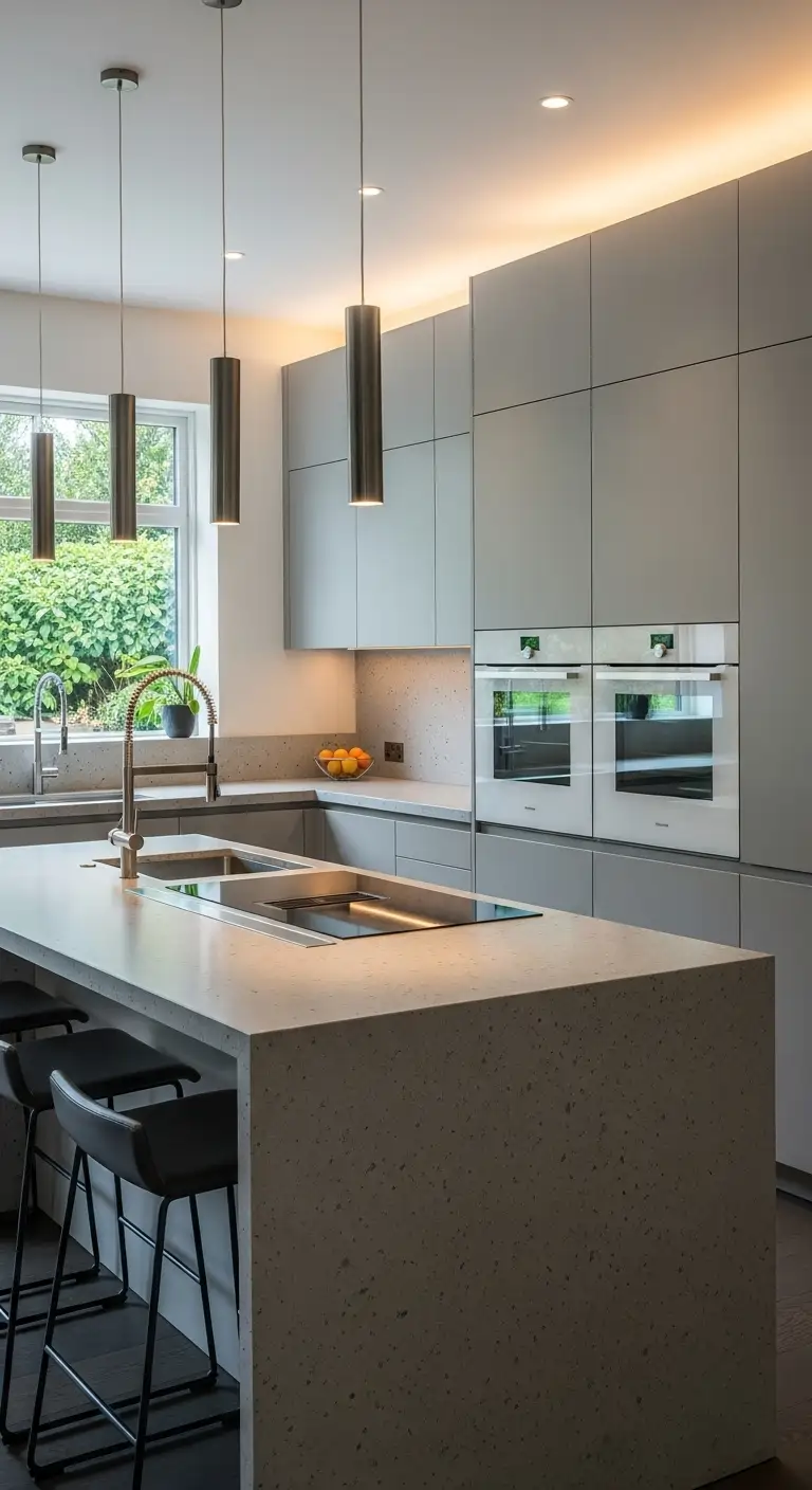 Matte Gray Cabinets with Concrete Counters