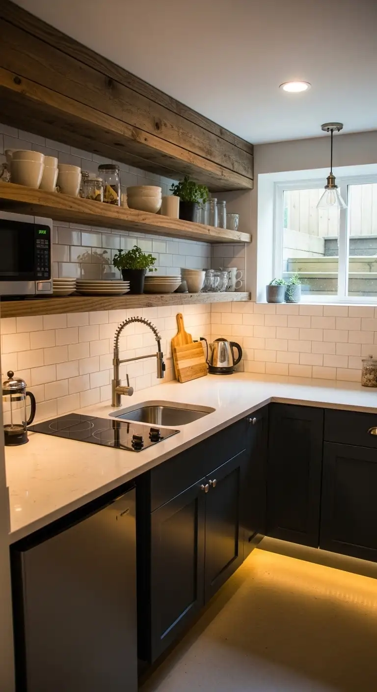 Basement Kitchenette with Built-in Shelving