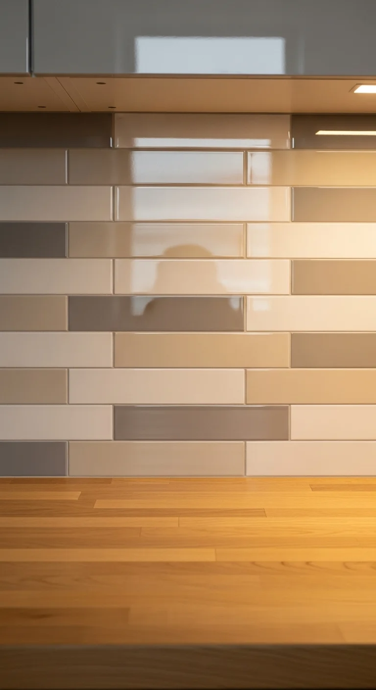 19. Glossy Neutral Tiles with Wooden Countertop