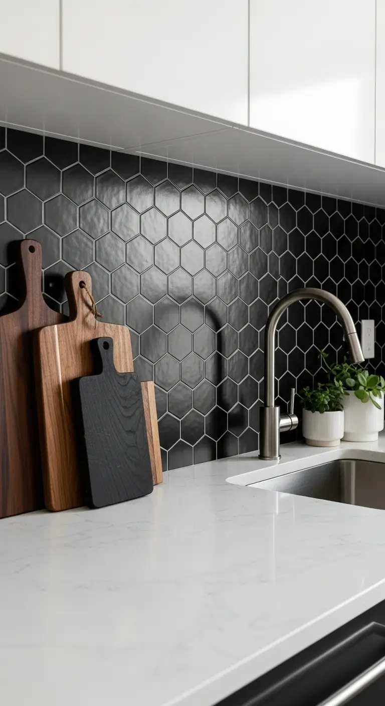 2. Black Hexagon Tile with White Quartz Counter
