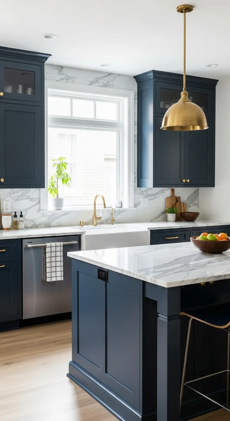 Navy Blue Cabinets with White Marble Countertops