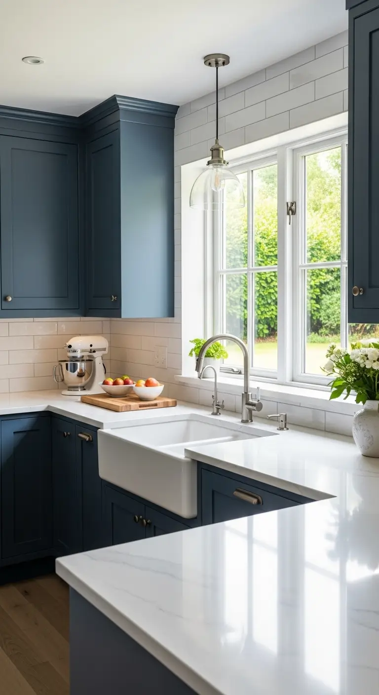 Navy Blue Cabinets with White Quartz Countertops