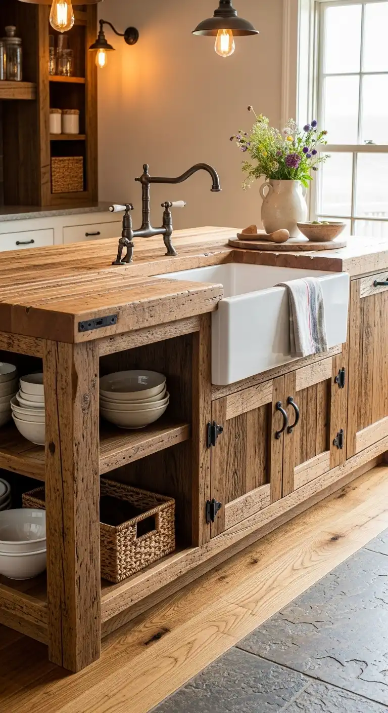 2. Rustic Wood Kitchen Island with Farmhouse Sink