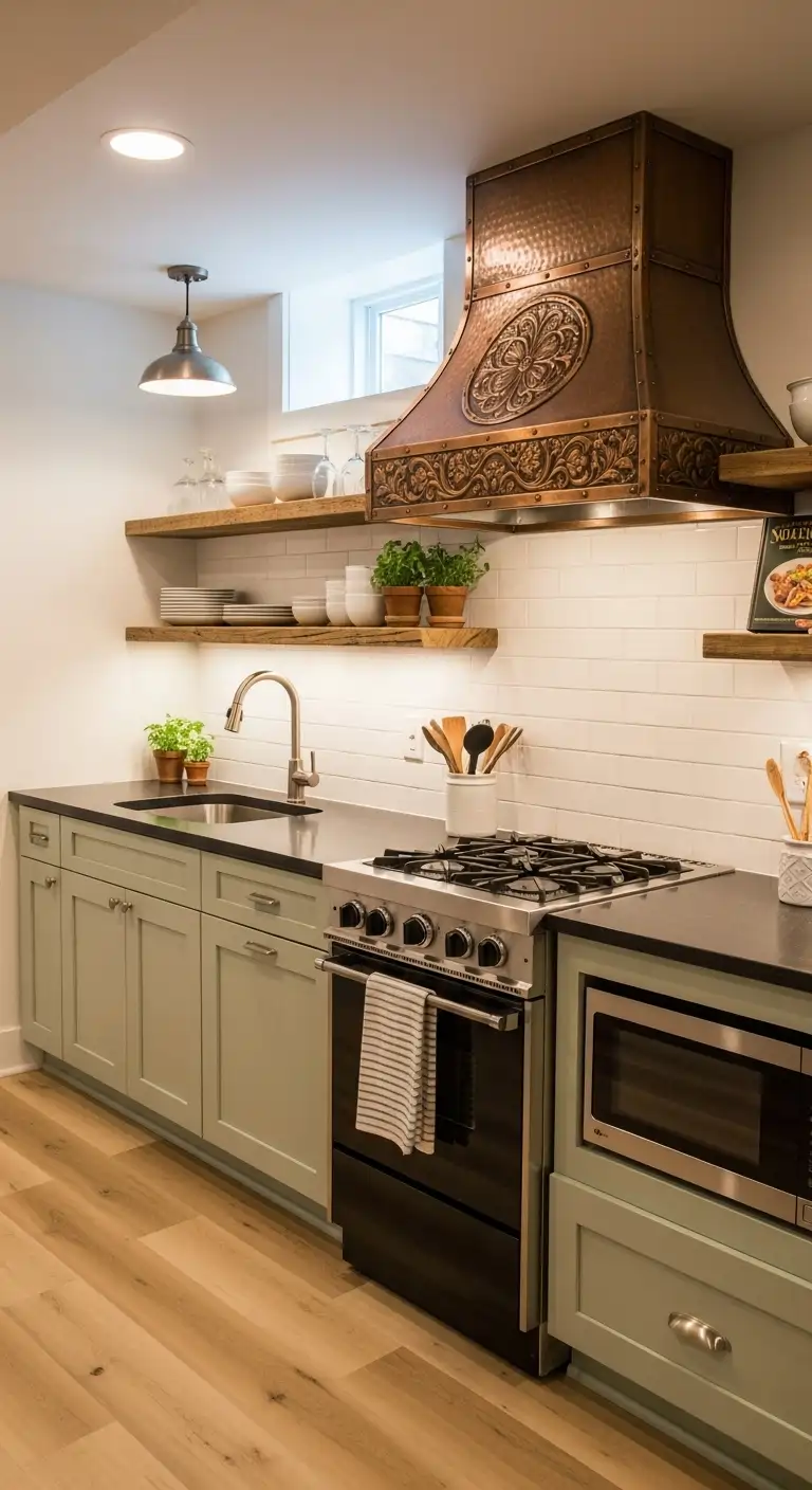 Basement Kitchenette with Stove and Decorative Hood