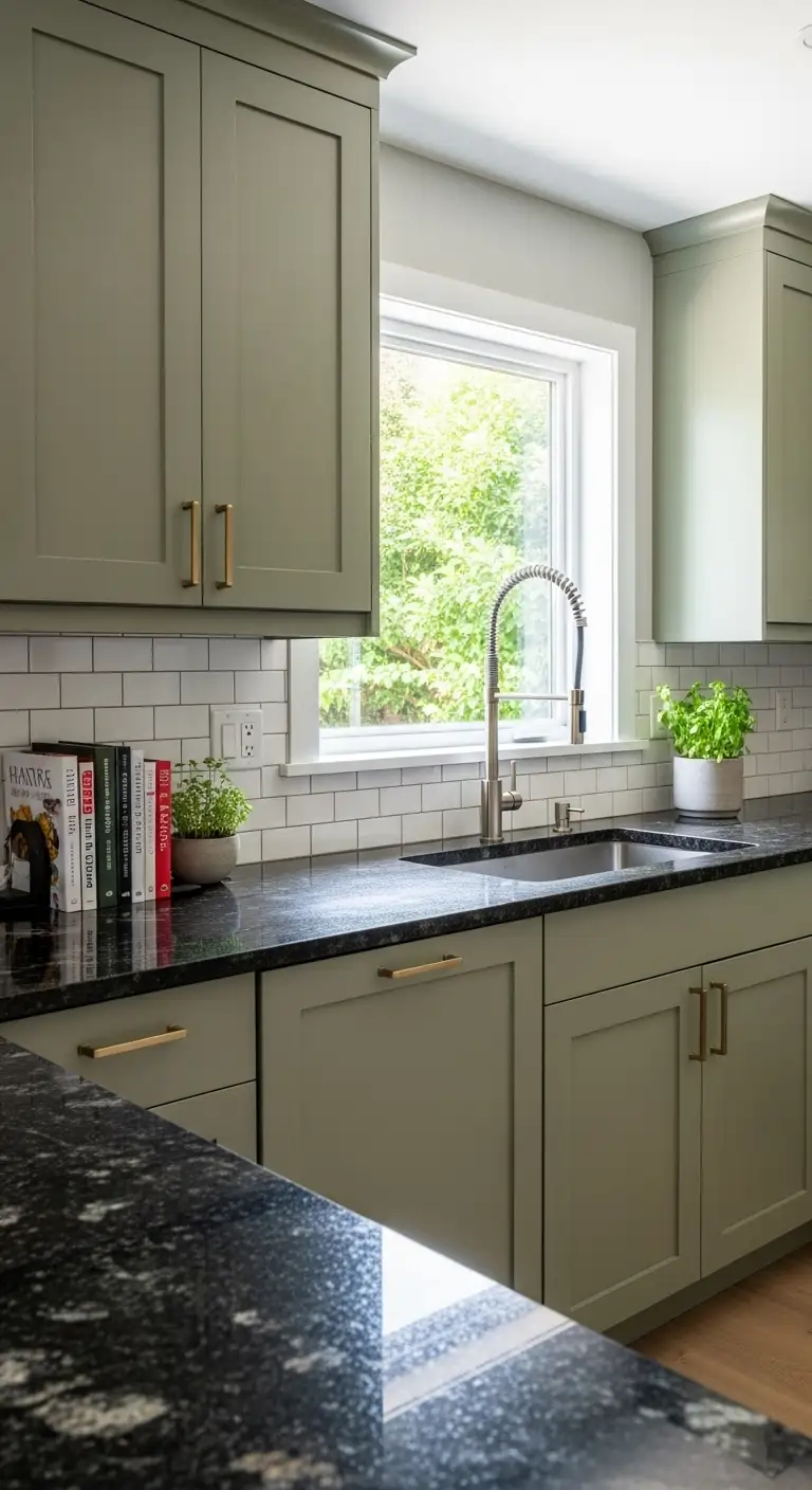 Olive Green Cabinets with Dark Granite Countertops