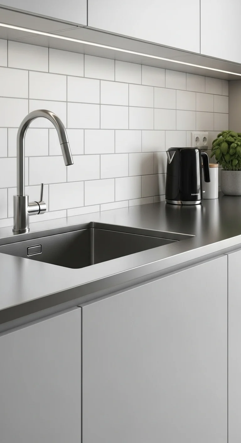 20. Subway Tiles with Stainless Steel Countertop