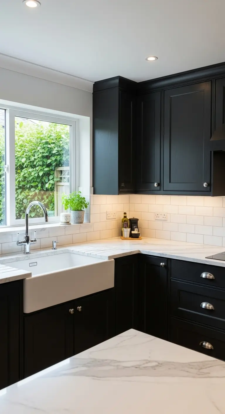 Black Cabinets with White Marble Countertops