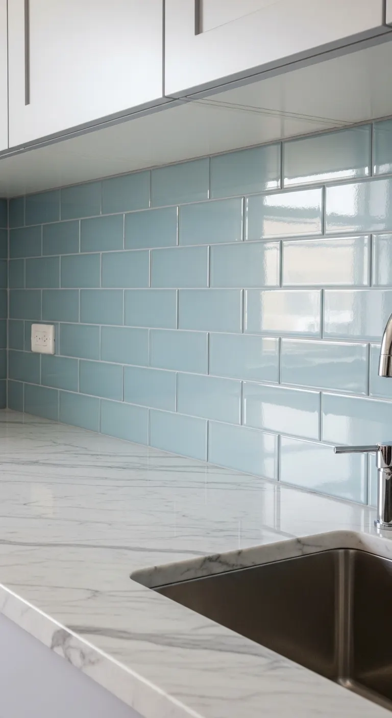 21. Pale Blue Tiles with Marble Countertop