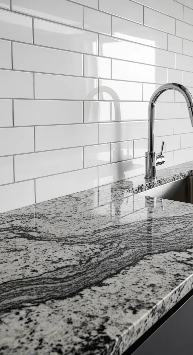 23. White Tiles with Granite Countertop