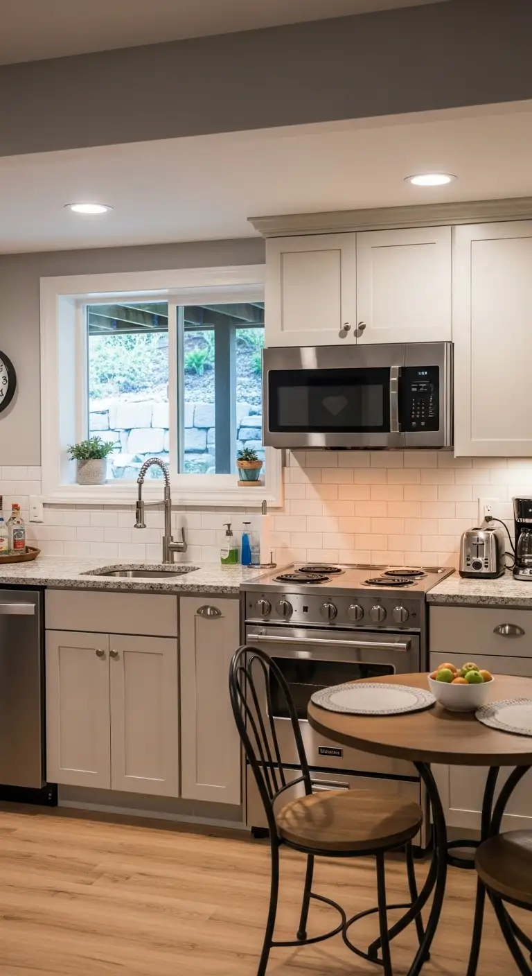 Basement Kitchenette with Stove and Integrated Microwave