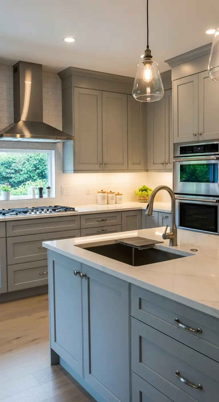 Soft Gray Cabinets with White Quartz Countertops