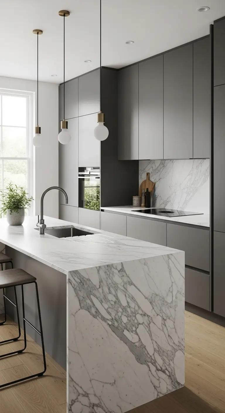 Compact Kitchen with Slim Calacatta Island