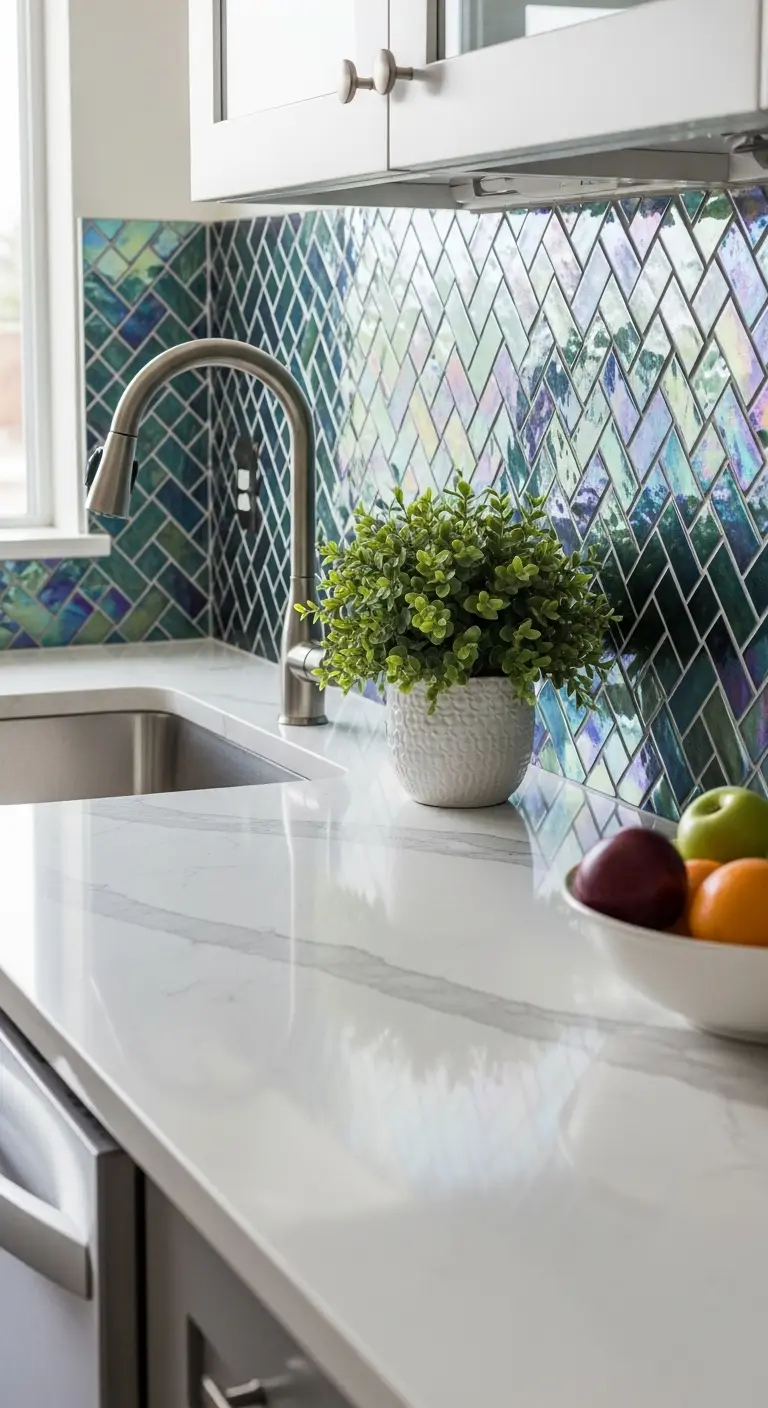 25. Glass Mosaic Tiles with Quartz Counter